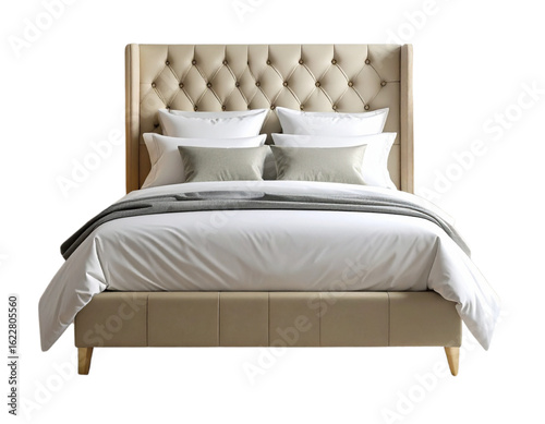 Comfortable and luxurious bed with pillows and bedding in a stylish hotel bedroom interior