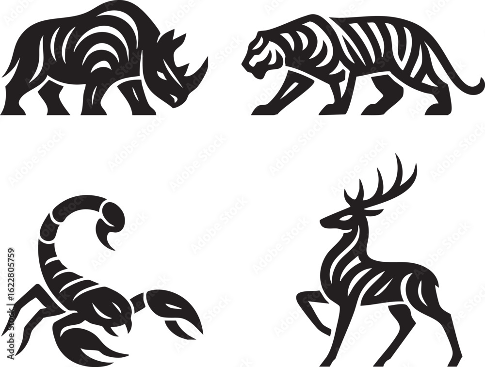 Obraz premium Stylized black silhouettes of a rhinoceros tiger scorpion and deer on white