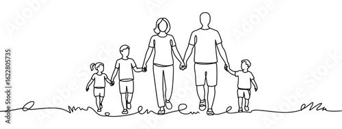 Line art of five family members walking hand-in-hand, symbolizing togetherness, love, parenting, and emotional bonding in minimal style.