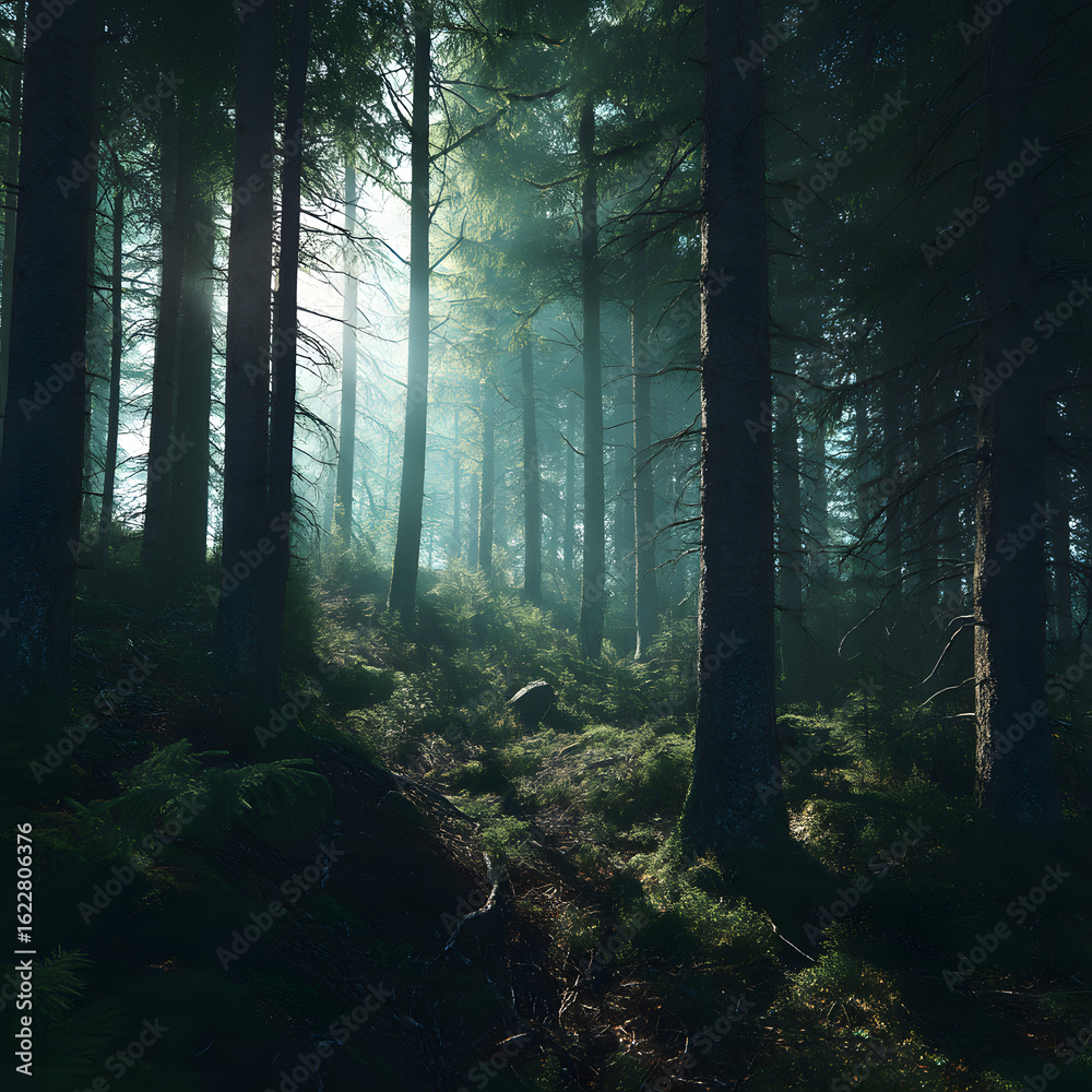 Obraz premium A forest with trees and a path