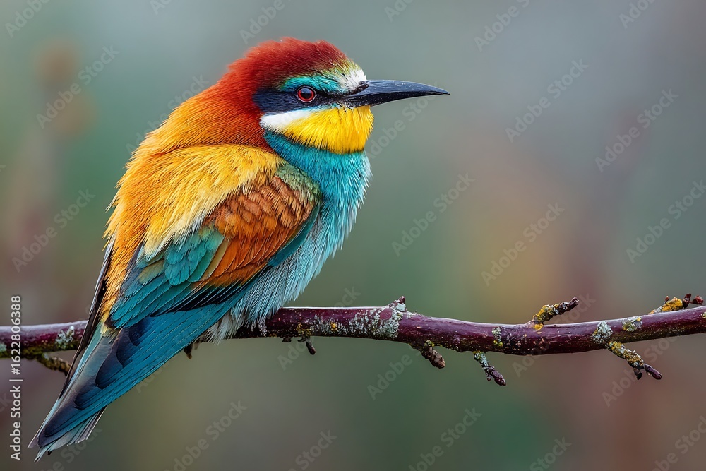 Obraz premium Colorful european bee eater perched on a branch in a close up shot with a blurred background