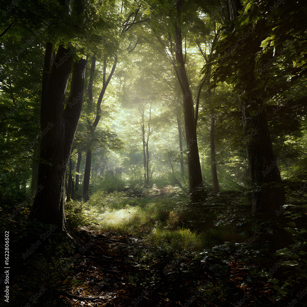 Obraz premium A forest with trees and a path