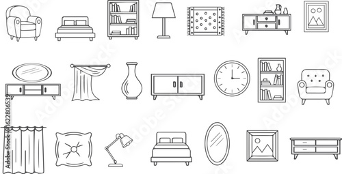 Bedroom Elements Line Icons – Bed, Lamp, Wardrobe, Curtain, Mirror Vector Set