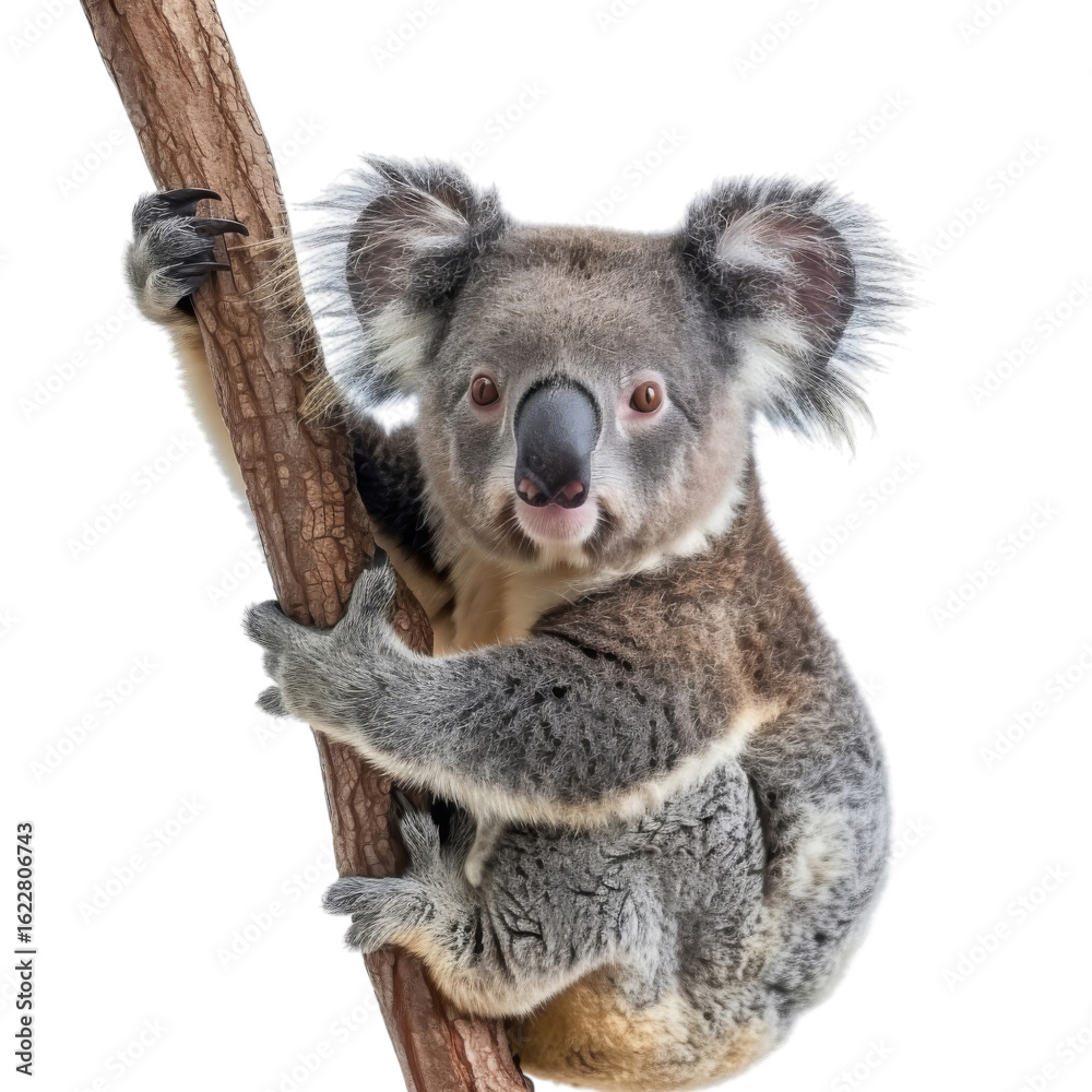 Naklejka premium A cute koala clings to a tree branch, showcasing its fluffy gray fur and large ears in a serene pose.