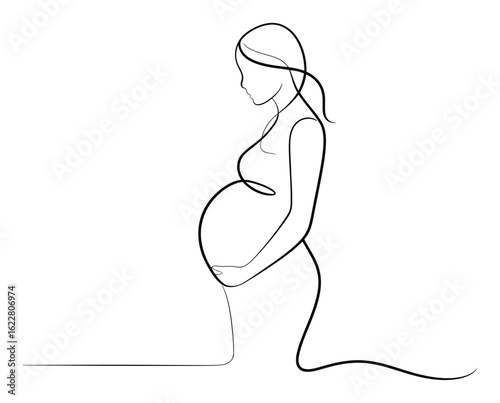 Minimalist pregnancy icon in black outline, featuring profile of a pregnant person with supporting hand, symbolizing maternity and prenatal care.