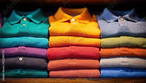 Colorful polo shirts neatly stacked on a shelf, showcasing a vibrant array of folded clothing ready for purchase.