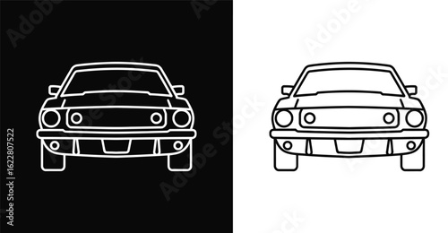 Minimalist car front icons in black and white contrast, showcasing grille, headlights, and bumper in clean outline style for automotive themes.
