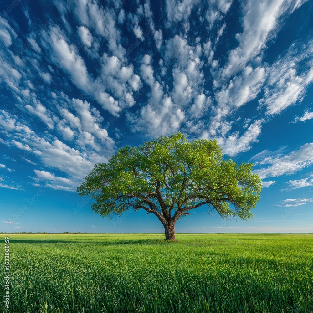 Obraz premium Lush green field, lone tree, vibrant sky
