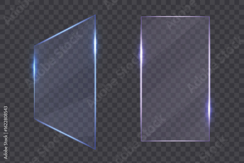Flat glass plate banners. Realistic windows mockup. Set of mirror on transparent background. Light effect for a picture or a mirror. Clear glass showcase. 3d panel texture or clear window.