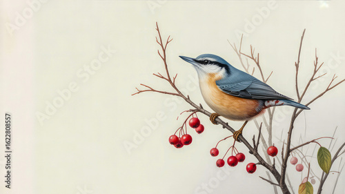 Blue bird perched on berry branch nuthatch berries