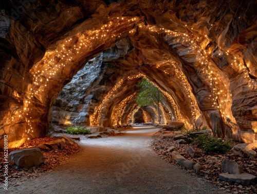 Illuminated rock tunnel pathway