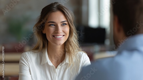 Free Download Smiling Woman in Conversation: An attractive woman engages in a friendly conversation, radiating warmth and positivity as she smiles, creating a sense of connection. - GFXLoad
