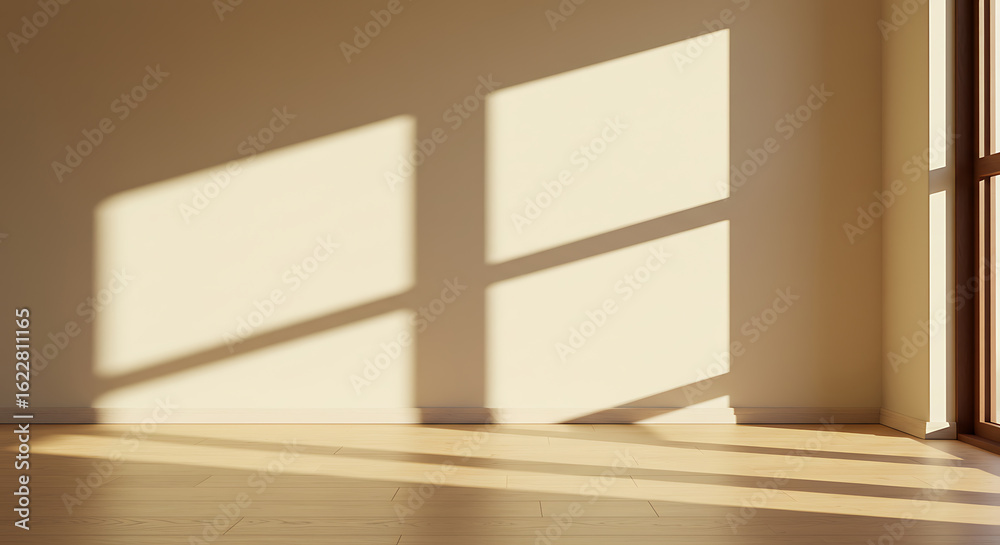 Fototapeta premium Empty Room Interior with Sunlight Casting Geometric Shadows on Wall and Floor