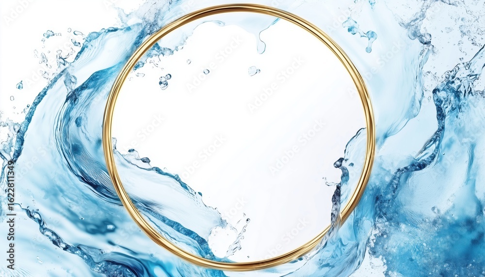 Fototapeta premium Golden Luxury Water Splash Effect Border Frame With Blue Brush And Gold Round Contour Frame For Elegant Invitations, Cards, Sales, Fashion, And Weddings.