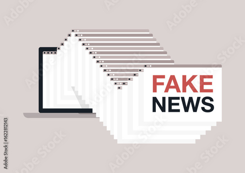 A series of digital sheets featuring bold text highlighting fake news, seamlessly cascading from a tablet, depicting the unchecked spread of misinformation in modern society