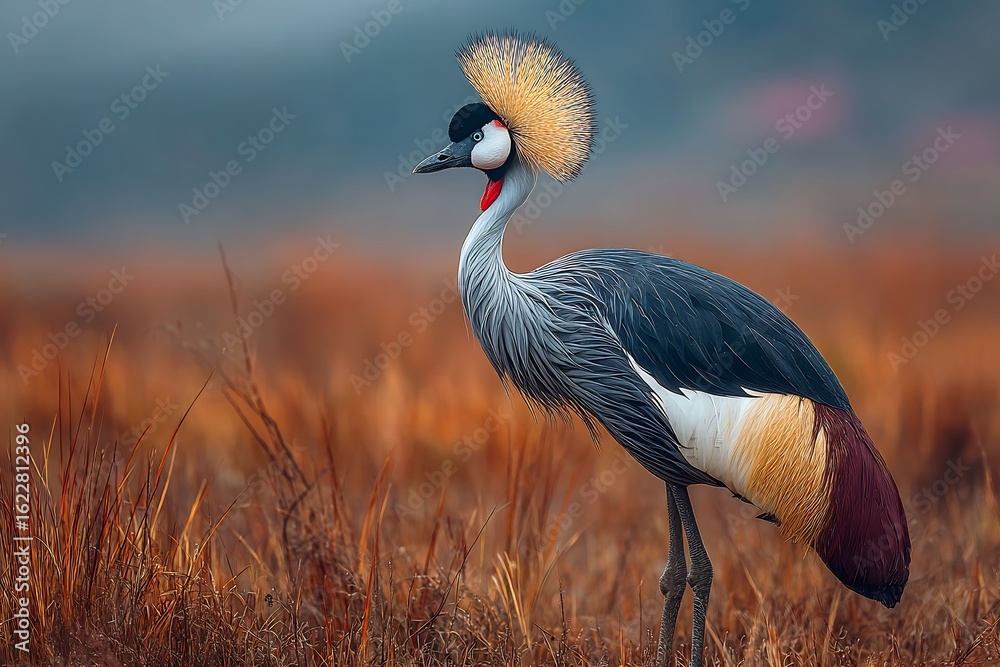 Fototapeta premium A grey crowned crane standing in a field of tall grass with a blurred background in soft lighting