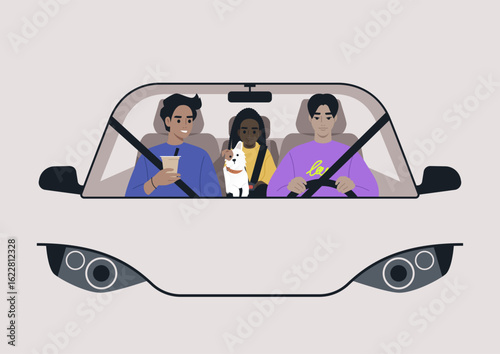 In a cheerful family car, three members share laughter and warmth, accompanied by their playful dog, Excitement builds as they embark on a journey filled with discoveries