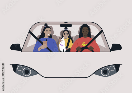 In a cheerful family car, three members share laughter and warmth, accompanied by their playful dog, Excitement builds as they embark on a journey filled with discoveries