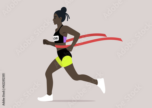 An athlete triumphantly crosses the finish line, showcasing her remarkable speed, Red ribbons flow behind as she symbolizes victory and perseverance in a thrilling marathon event