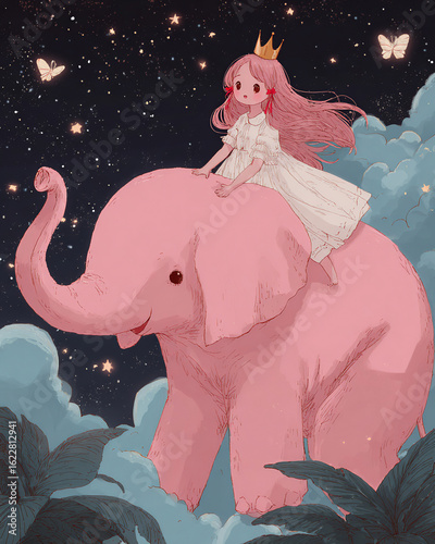 Little dreamer on her trusty pink elephant, exploring the heights. Inspiration, hope, and a touch of magic.