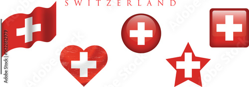 Switzerland flag set of icons. Vector flag of Switzerland, symbol. Set of Switzerland flags in
square, heart and circle.