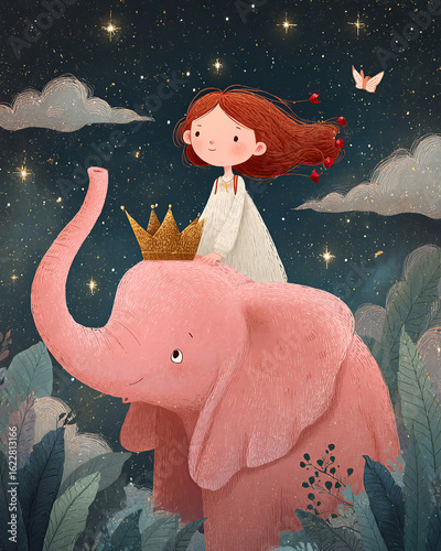 Allegory of the kingdom of dreams: Little queen on a pink elephant, flying above clouds and stars. Concept of hope and fantasy.