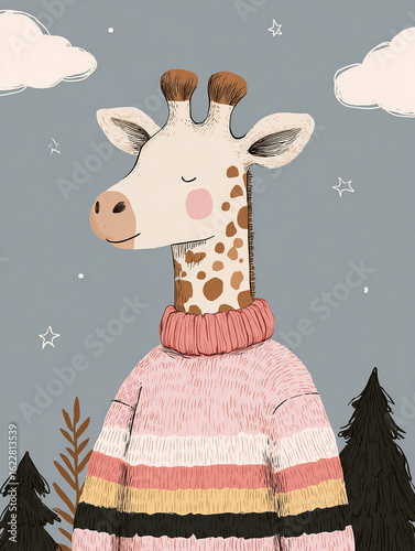 A cute giraffe wearing a pink sweater and colorful stripes, under a starry sky. A charming illustration for children's stories, fashion, and fun design.