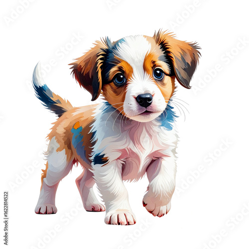 Detailed realistic illustration of a puppy with a blue muzzle and perky ears