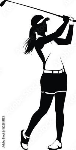 Woman exercising with Nordic walking poles, a vector set showing a black silhouette and a corresponding line art drawing.