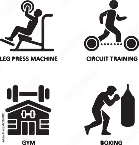 Fitness Gym Icons: Vector Symbols of Leg Press, Circuit Training, Boxing, and Gym Sign.