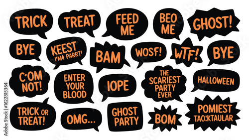 Hand Drawn Halloween Speech Bubbles with Funny Sayings Like Trick or Treat, OMG, and Bye