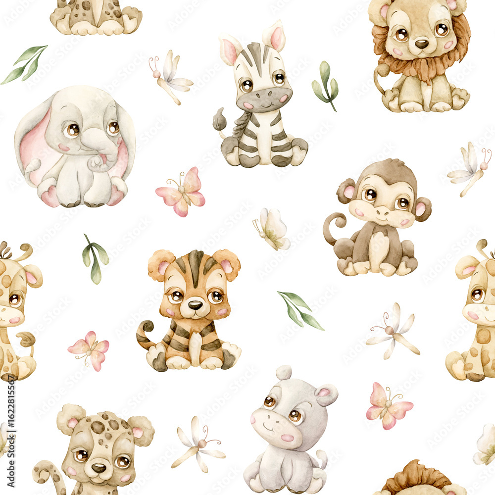 Obraz premium Cute Tropical Animals Insect and Leaves Watercolor hand painted summer seamless pattern on white background giraffe lion