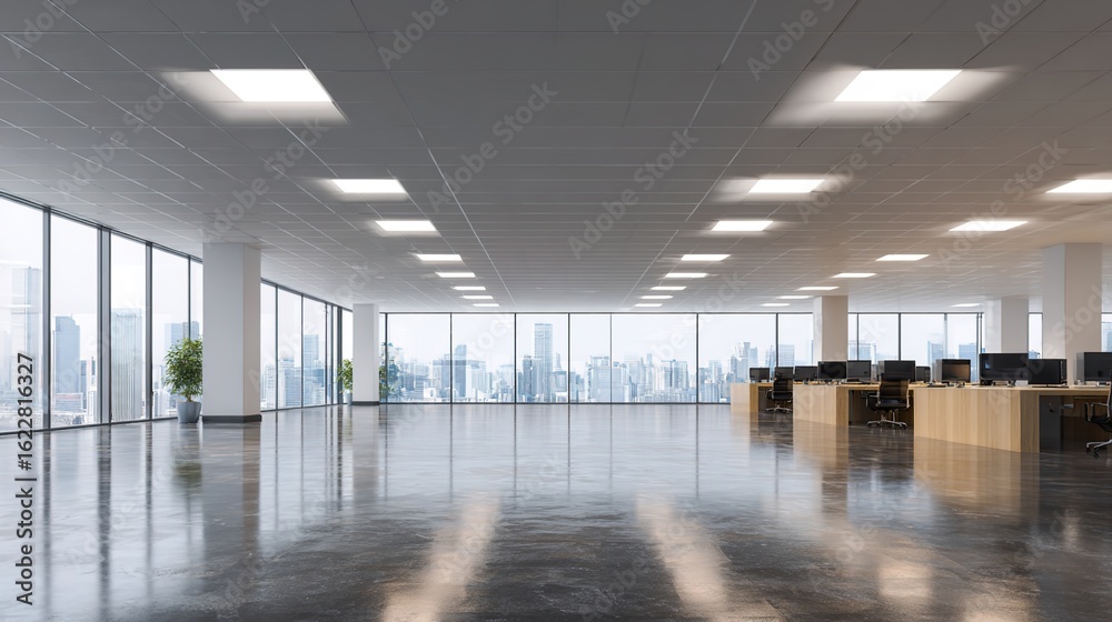 Fototapeta premium Spacious modern office: A modern and open office space featuring large windows, allowing ample natural light, sleek and minimal aesthetic, creating a clean, bright, and inspiring workspace.