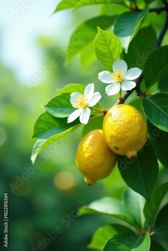 Lush lemon tree branch, blossoms and ripe fruit , nature, fruit
