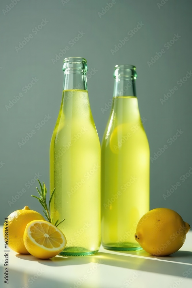 Fototapeta premium Refreshing lemon lime water bottles, rosemary, fruit Grey background , organic, lemon water