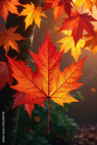 Single vibrant red and yellow maple leaf, autumn backdrop , vibrant color, october