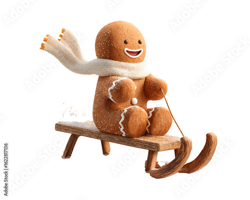  Gingerbread Man on Sled with Scarf Blowing in Wind, Winter Motion Concept, Side Angle, Isolated on Transparent Background PNG