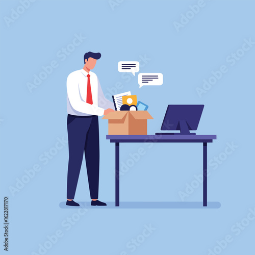 Man packing personal belongings into cardboard box at desk, with computer and speech bubbles, possibly indicating job loss or relocation.