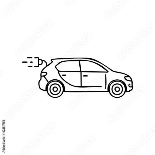 Electric car sketch with charging port highlighted in side view – stock vector icon in line style