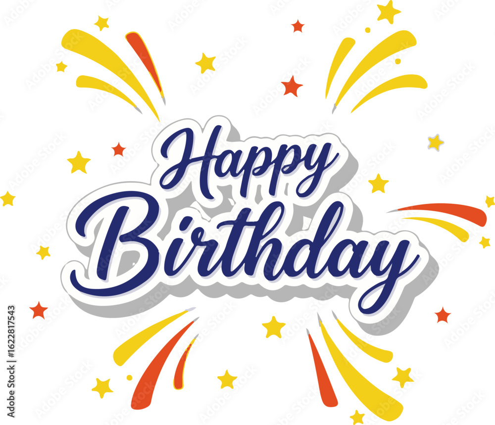 Fototapeta premium Vector art of happy birthday text with colorful fireworks and stars isolated on white background