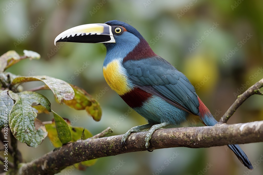 Fototapeta premium A colorful bird with a large beak perched on a branch surrounded by green leaves in a natural setting