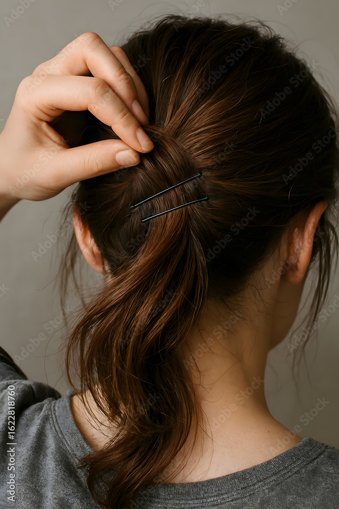 Naklejka premium A young adult woman from behind puts her brown hair up into a ponytail using two bobby pins against a neutral background