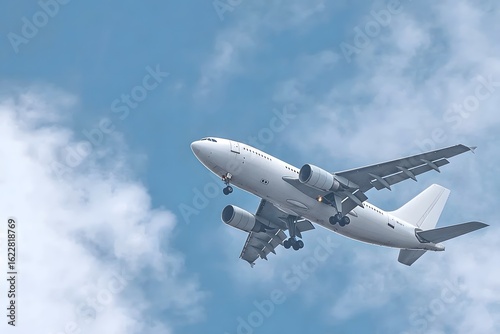 A white airplane flies against a blue sky with clouds.