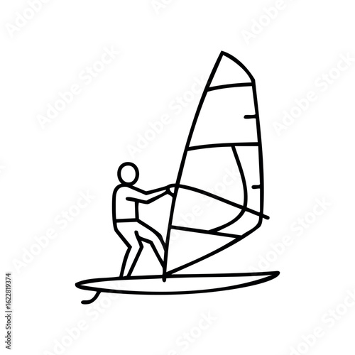 Stick figure windsurfing on a sailboard with full sail – stock vector icon in line style