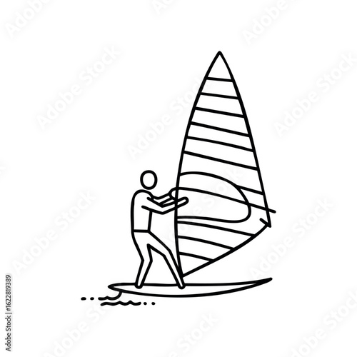 Line art illustration of a person windsurfing on a board with a striped sail – stock vector icon in line style
