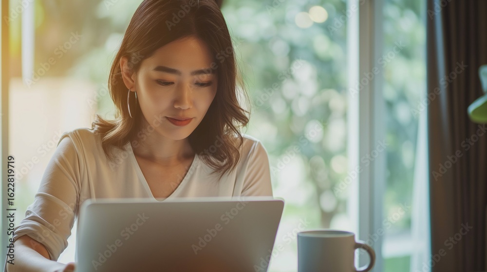 Focused Woman Working on Laptop at Home Focused Woman Working on Laptop at Home