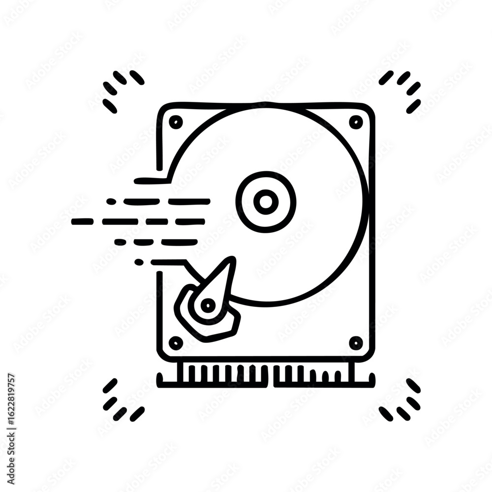 Fototapeta premium Minimalist line art of a hard drive spinning with motion lines – stock vector icon in line style