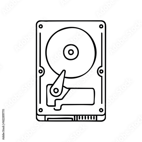 Hard disk drive outline drawing depicting internal components and structure – stock vector icon in line style