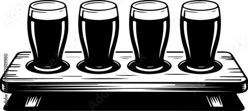 Black silhouette vector of a beer flight tray holding four small beer glasses in a row 