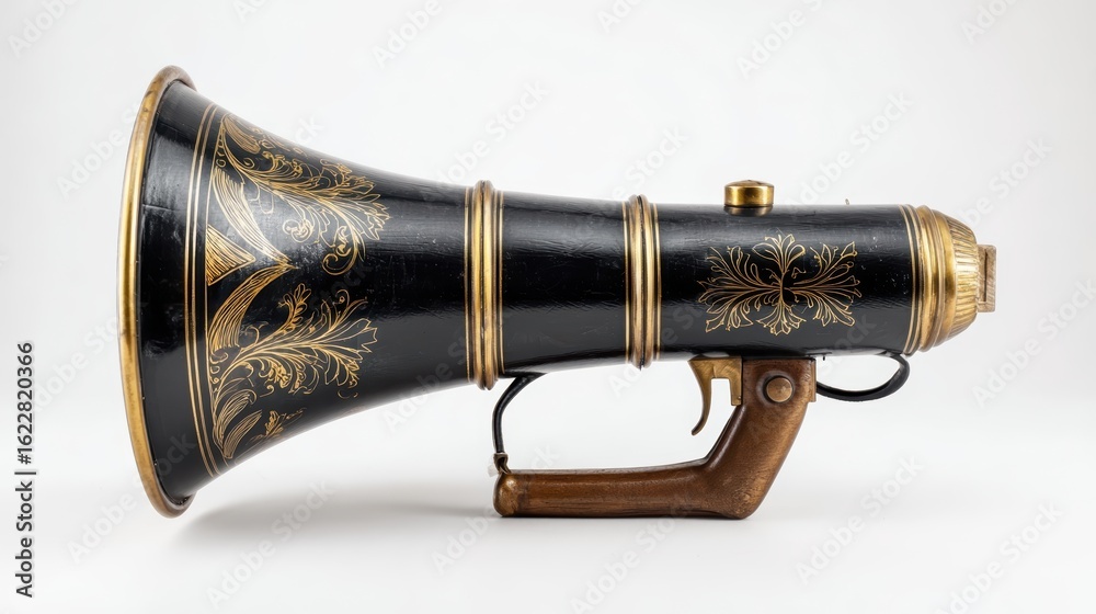 Obraz premium Vintage golden megaphone isolated on white, showcasing classic design details.